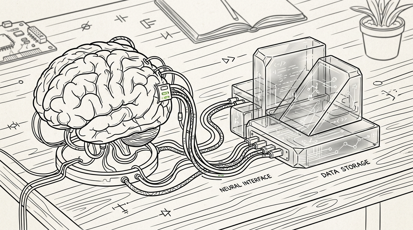 Brain connected to a neural interface device linked to data storage on a desk