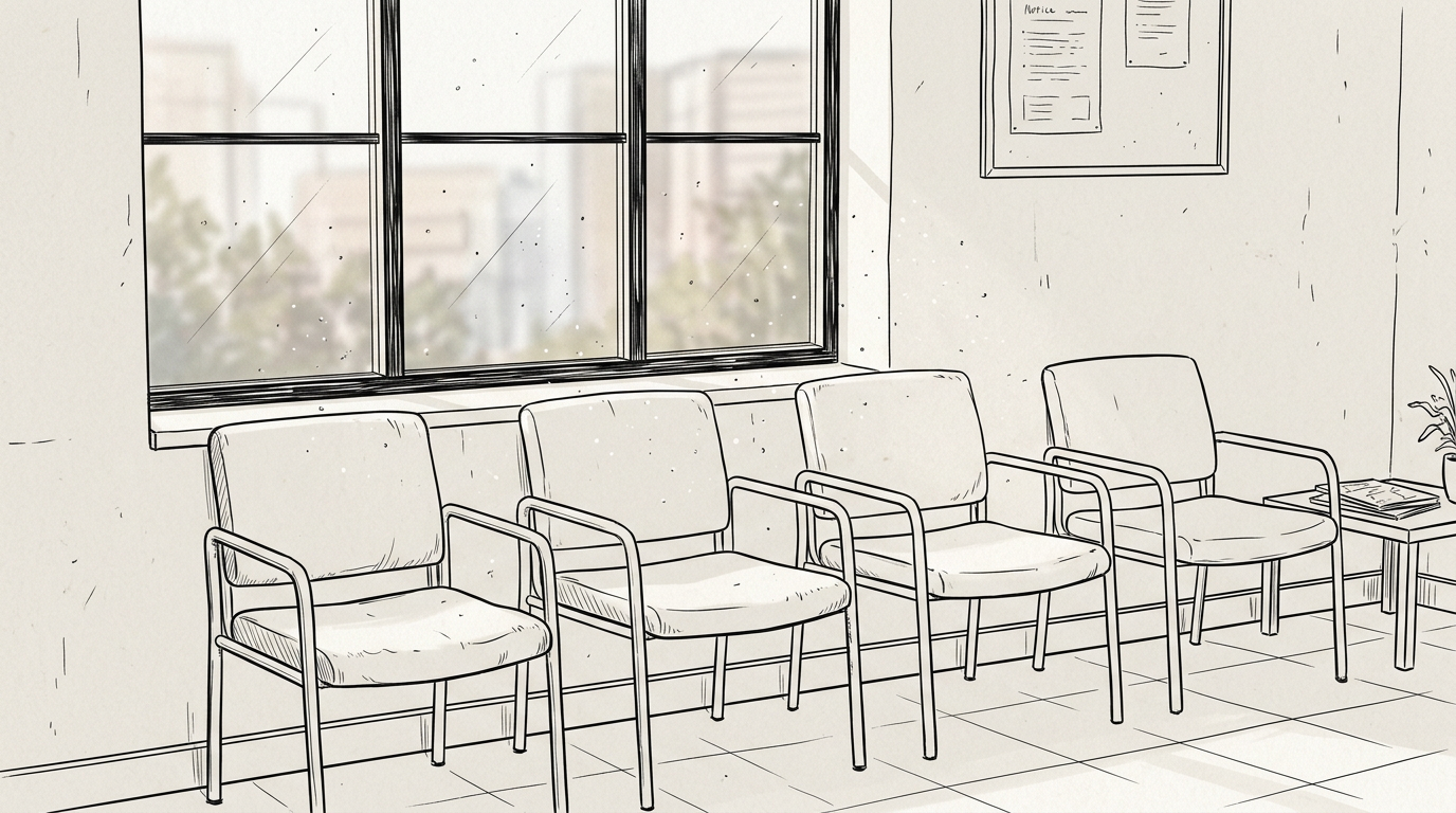 Four padded chairs with armrests arranged in a row near a large window in a waiting room