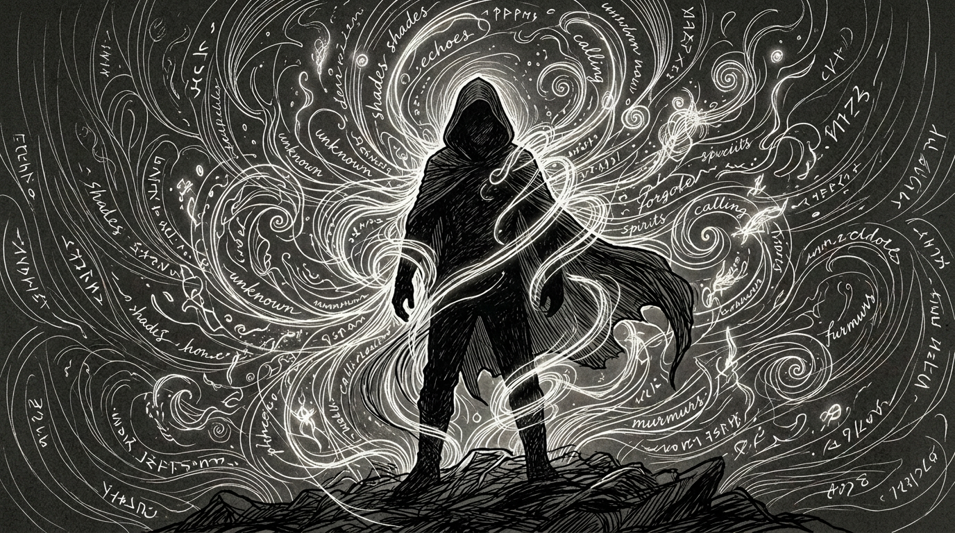 Silhouetted cloaked figure surrounded by glowing swirling script and mystical symbols