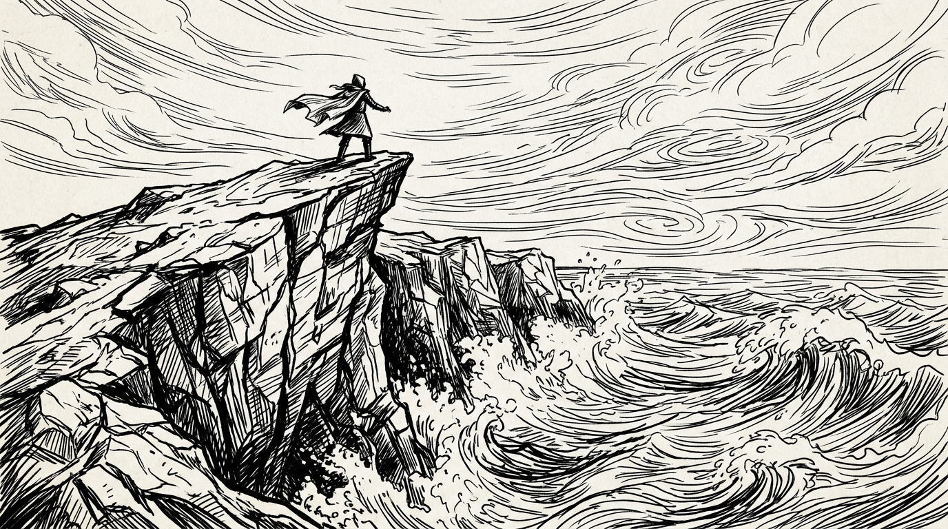 Person in cloak standing on rocky cliff overlooking rough sea with crashing waves and dynamic clouds